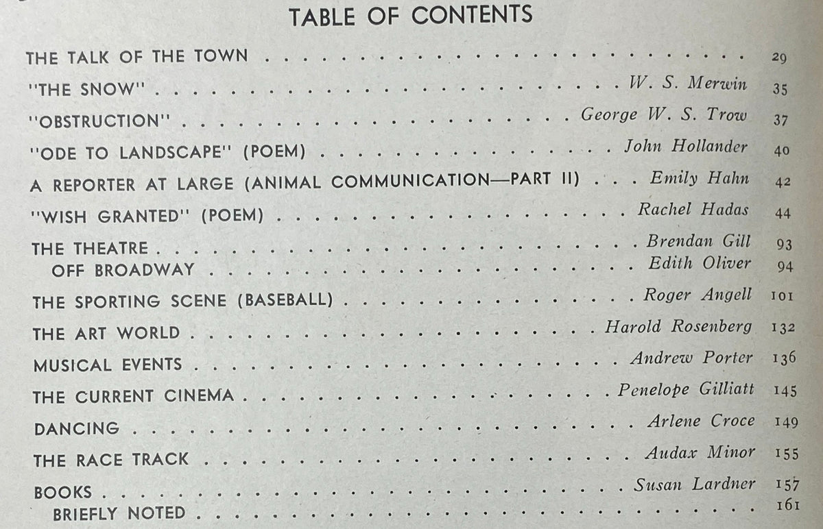 Table of contents from The New Yorker magazine April 24, 1978, listing articles and poems including 'The Talk of the Town' and 'Obstruction'.
