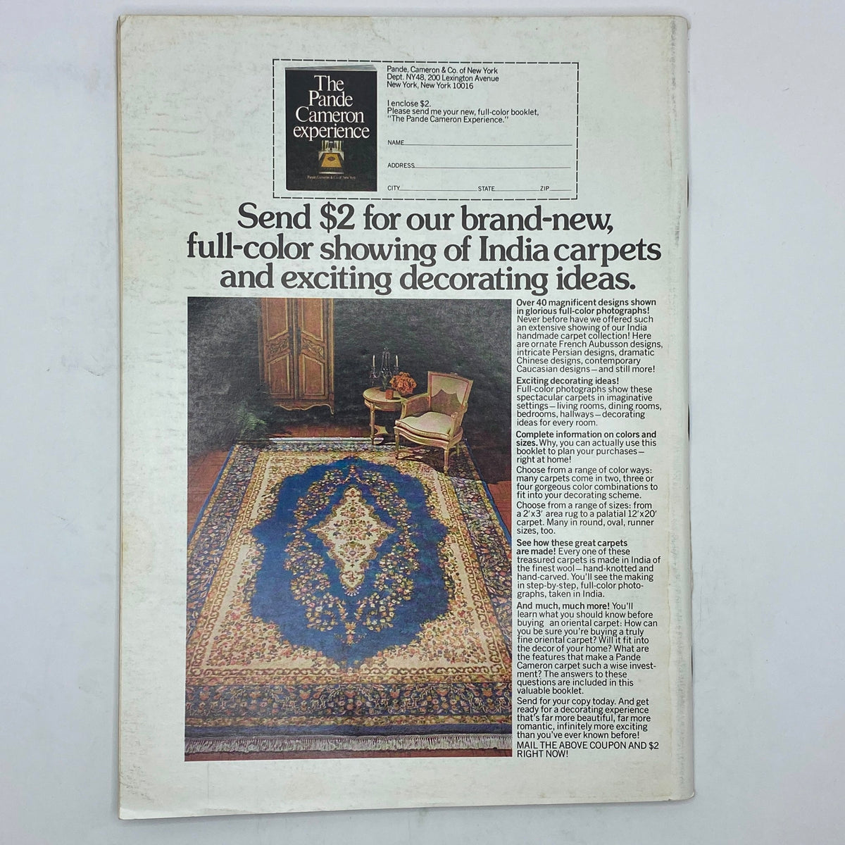 Back cover of The New Yorker magazine April 24, 1978, advertising the Pande Cameron experience with a decorative carpet design.