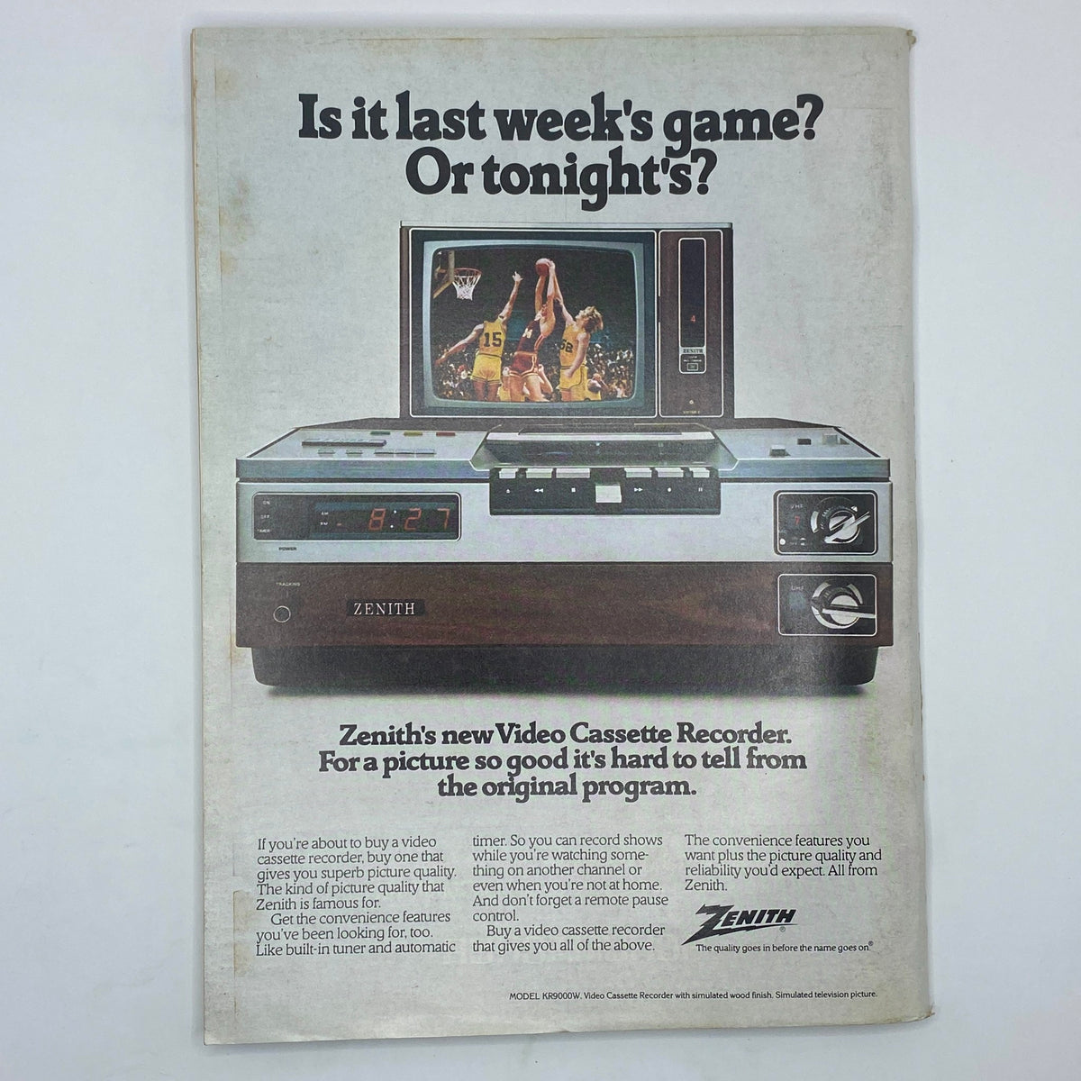 Back cover advertisement from The New Yorker Complete Magazine November 13, 1978, promoting Zenith's video cassette recorder with an image of the device in use, emphasizing its superior picture quality.