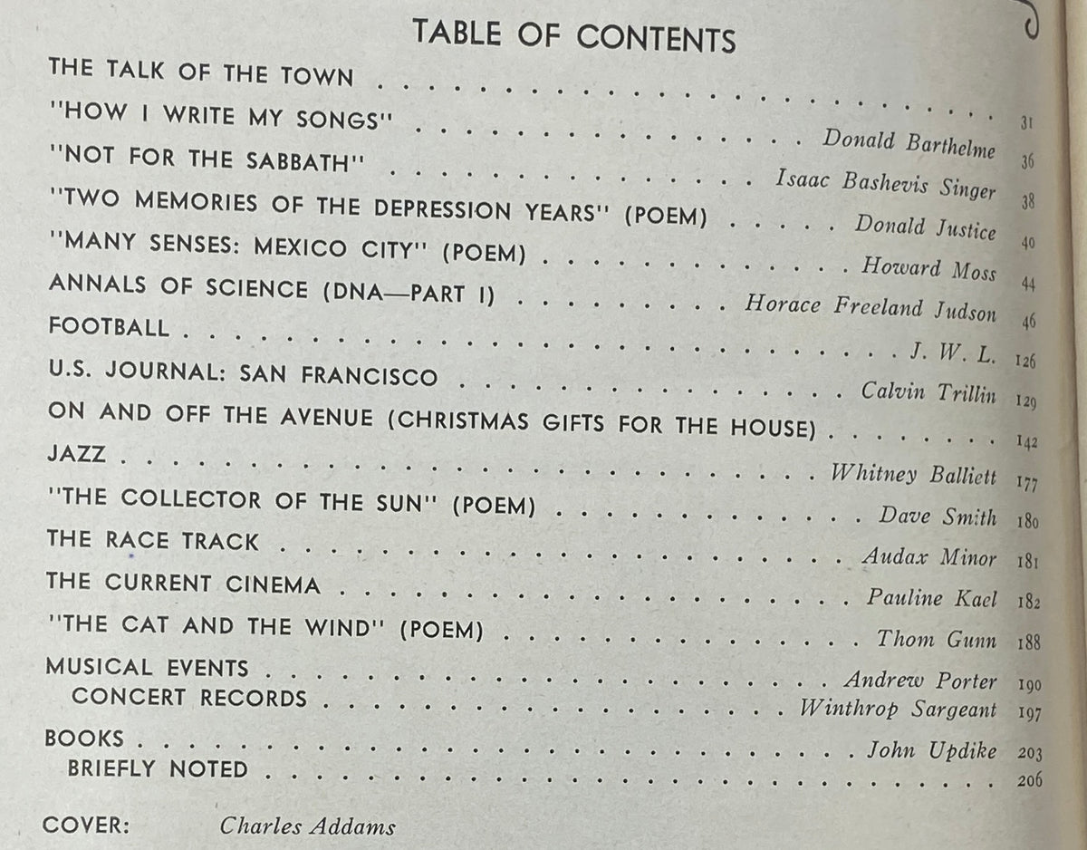 Table of Contents for The New Yorker Complete Magazine November 27, 1978, showcasing featured articles and poems, including Donald Barthelme's 'How I Write My Songs' and others.