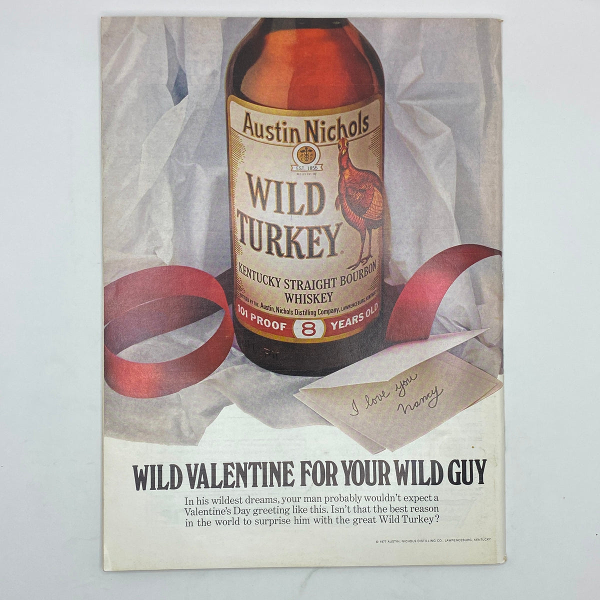 Advertisement in The New Yorker Complete Magazine February 13, 1978 for Wild Turkey bourbon whiskey, showcasing a bottle and Valentine's themed design.