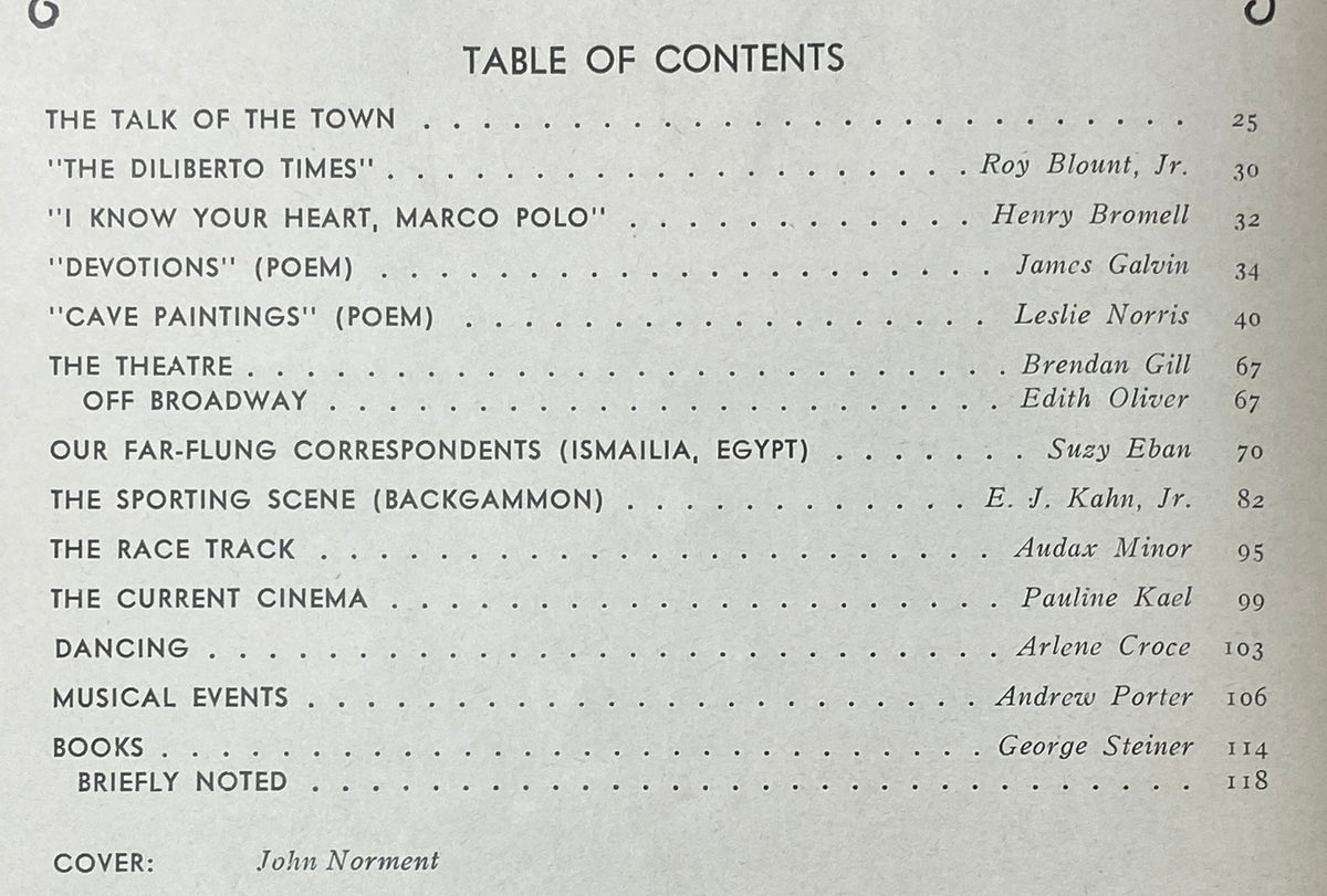 Table of contents from The New Yorker Complete Magazine March 6, 1978 by John Norment, featuring titles of articles including 'The Diliberto Times' and reviews by iconic critics.