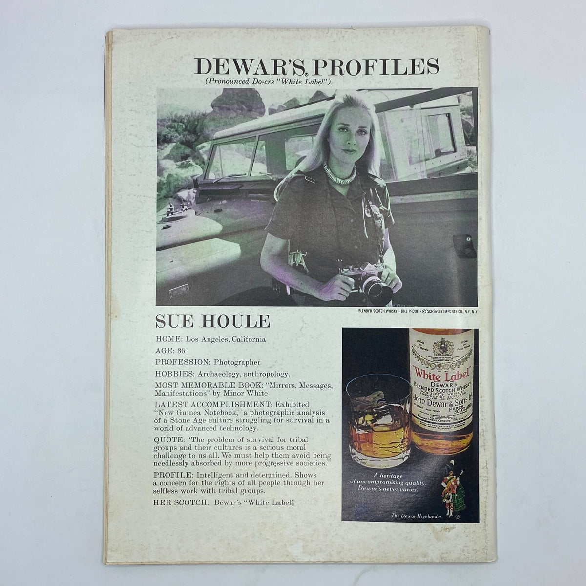 Back cover of The New Yorker Complete Magazine March 6, 1978, highlighting Dewar's Profiles featuring photographer Sue Houle and her biography, including hobbies, profession, and quote.