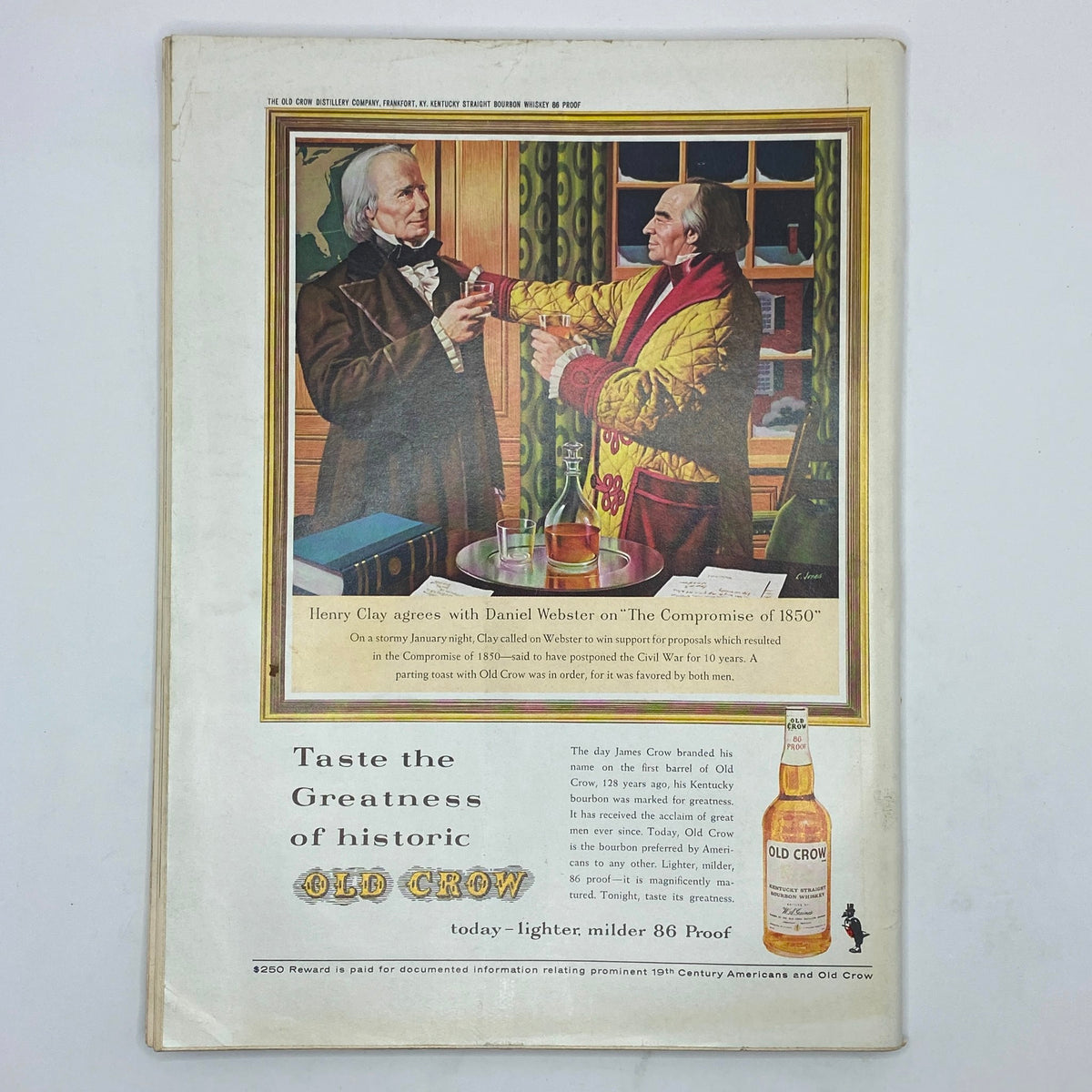 Advertisement on the back cover of The New Yorker magazine March 9, 1963, featuring historical imagery of Henry Clay and Daniel Webster along with a promotion for Old Crow bourbon.