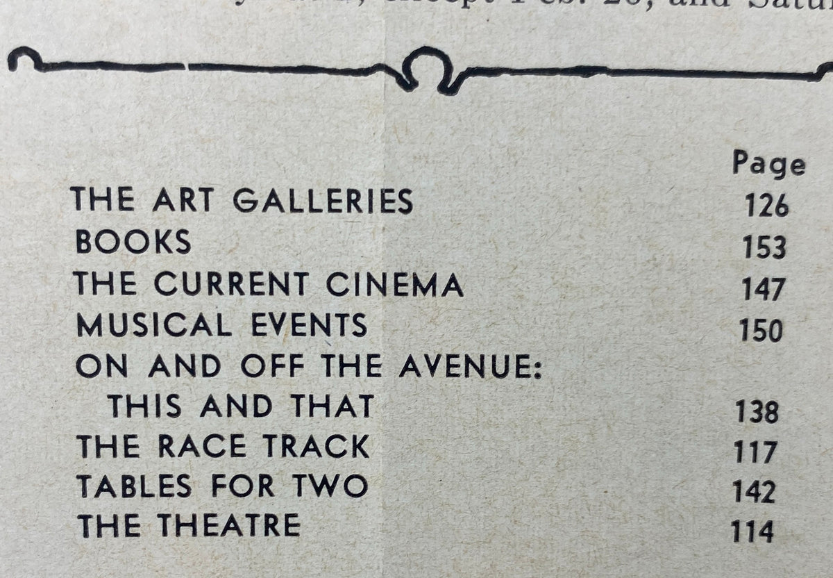Table of contents from The New Yorker Complete Magazine February 16, 1963, listing various sections including The Art Galleries, Books, Current Cinema, and Theatre.