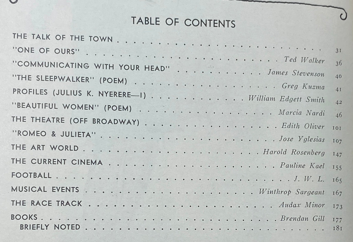 Table of Contents from The New Yorker Complete Magazine October 16, 1971, featuring article titles and authors, showcasing vintage literary content.