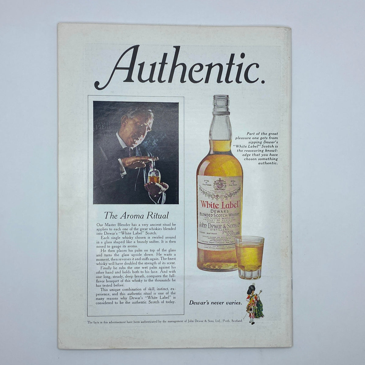 Dewar's White Label Scotch advertisement showcasing the Aroma Ritual and a bottle of the whiskey. The New Yorker Complete Magazine September 18, 1971 Arthur Getz Cover VG.