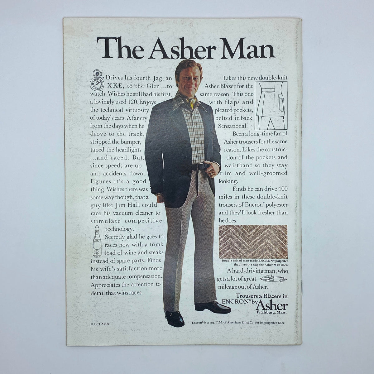 Vintage advertisement for Asher clothing featuring a man in a blazer and trousers, illustrated in The New Yorker Complete Magazine September 4, 1971.