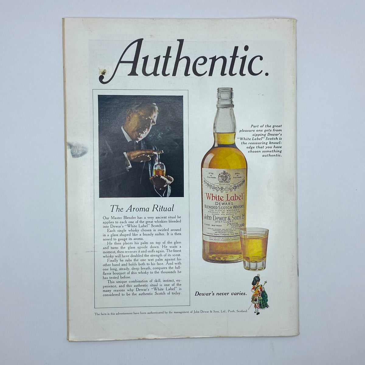 Advertisement for Dewar's White Label Scotch whisky from The New Yorker magazine, August 21, 1971, showcasing the aroma ritual and a bottle of scotch, reflecting the vintage advertising style of the time.