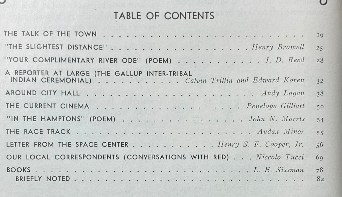 Table of Contents from The New Yorker Complete Magazine August 5, 1972, listing featured articles including 'The Slightest Distance' and 'Current Cinema'.