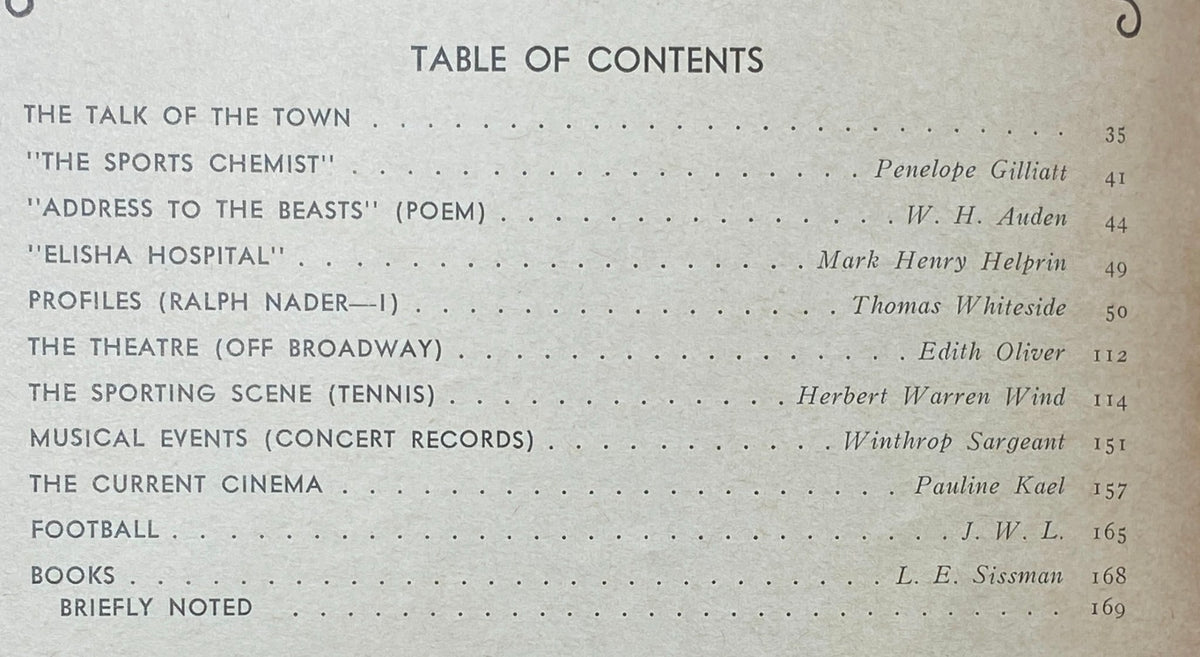Table of contents from The New Yorker magazine, October 8, 1973, featuring articles such as 'The Sports Chemist' and 'Address to the Beasts'.