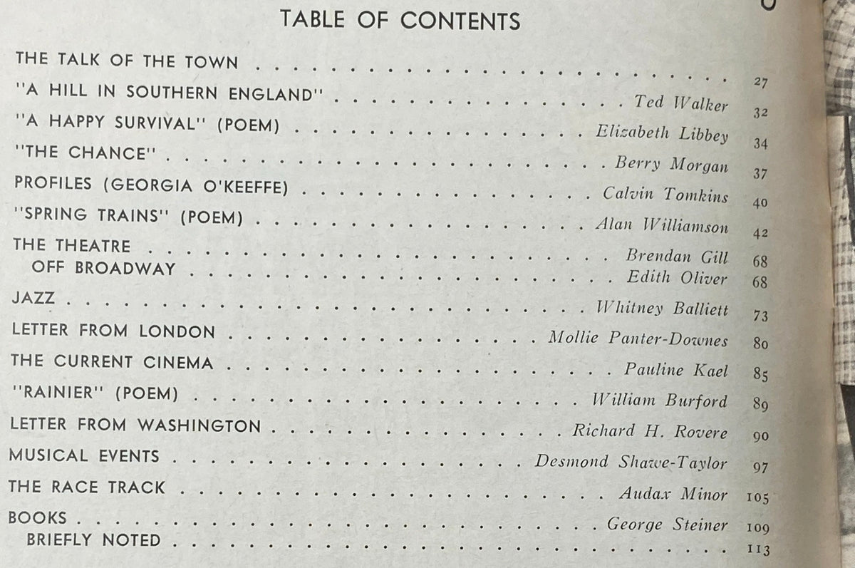 Table of contents page from The New Yorker Magazine March 4, 1974, listing articles such as 'The Talk of the Town,' profiles on Georgia O'Keeffe, and various poems.