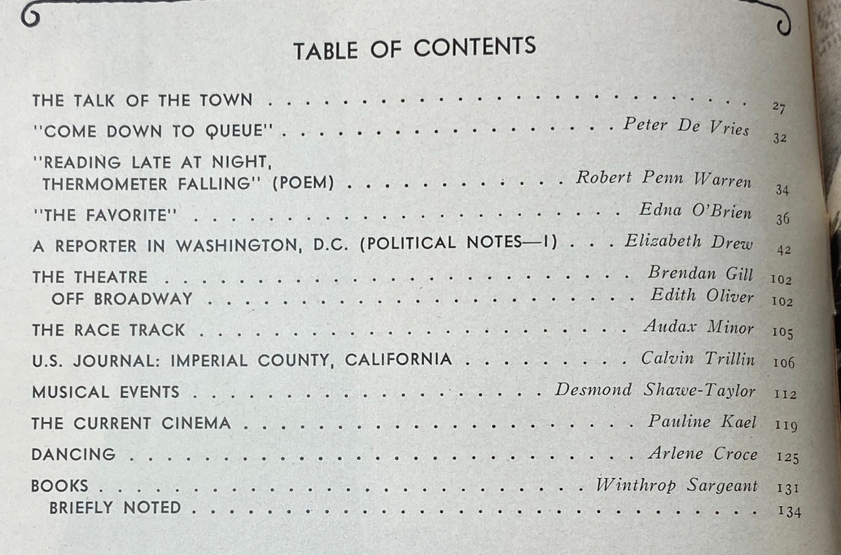 Table of contents from The New Yorker Complete Magazine March 11, 1974, listing articles and contributions from notable writers such as Peter De Vries and Robert Penn Warren.