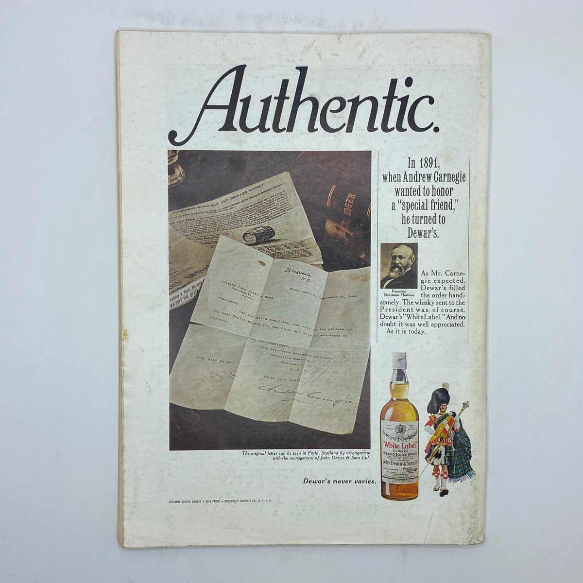 The New Yorker Complete Magazine March 11, 1974 featuring a captivating cover by James Stevenson, showcasing a vintage advertisement with the word 'Authentic' and a bottle of Dewar's whisky.