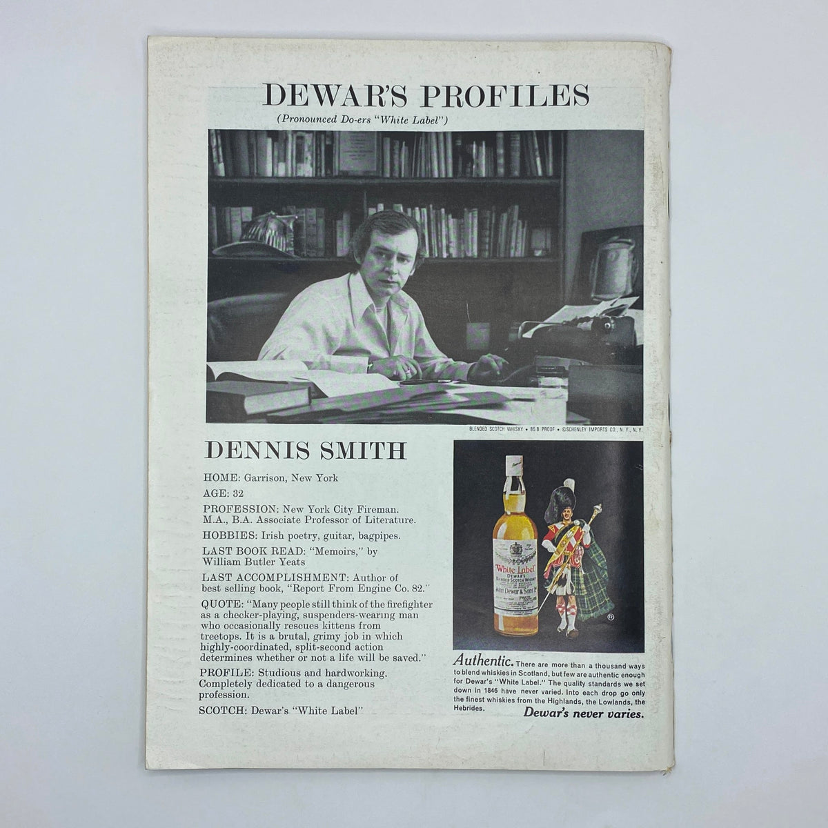 Profile page featuring Dennis Smith from The New Yorker Complete Magazine April 22, 1974, highlighting his background and accomplishments.