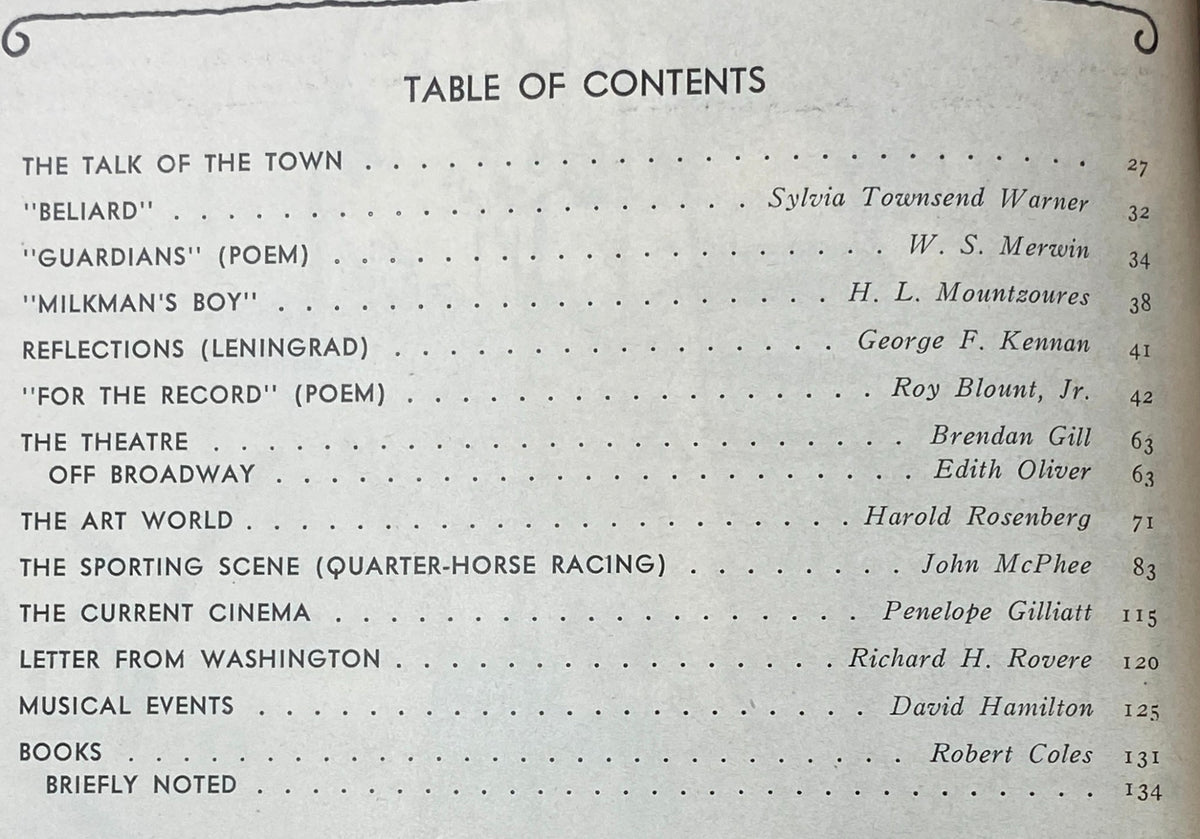 Table of contents from The New Yorker Complete Magazine April 29, 1974, listing featured articles and contributors such as Sylvia Townsend Warner and W. S. Merwin.