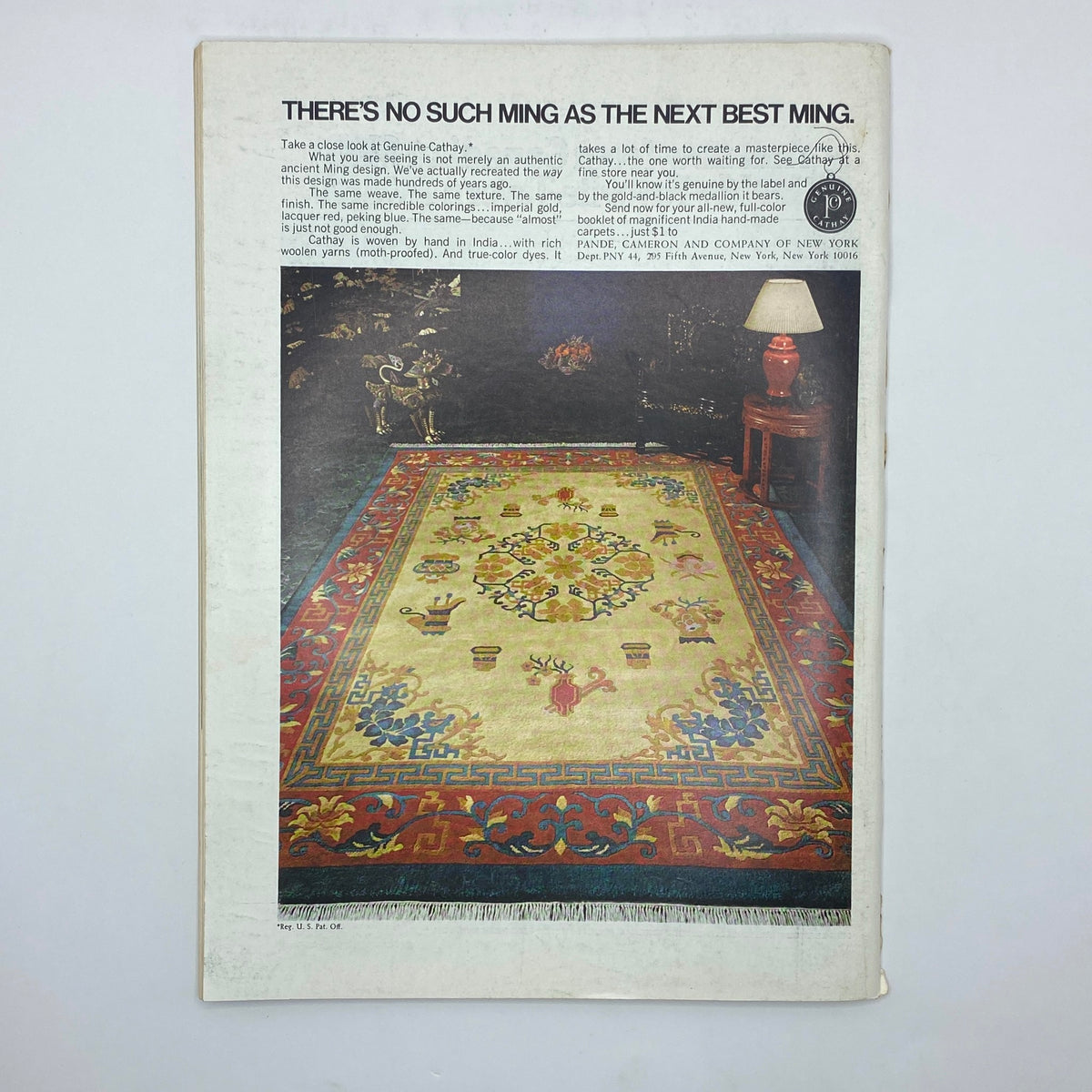 Back cover of The New Yorker Complete Magazine April 29, 1974, featuring an advertisement for Genuine Cathay rugs, showing a beautiful rug design and informative text.