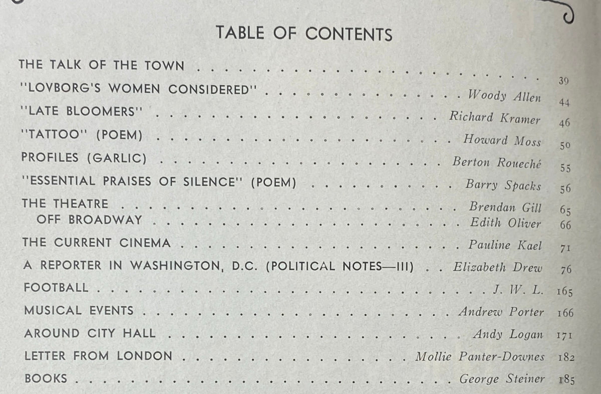 Table of Contents from The New Yorker Complete Magazine October 28, 1974, showcasing articles by Woody Allen, Pauline Kael, and more.