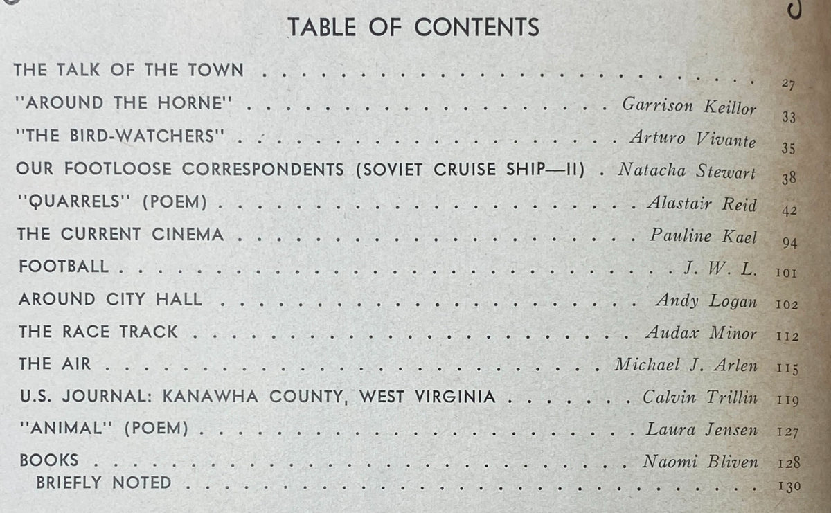 Table of contents from The New Yorker magazine September 30, 1974 listing featured articles including 'The Talk of the Town' by Garrison Keillor and 'The Current Cinema' by Pauline Kael.