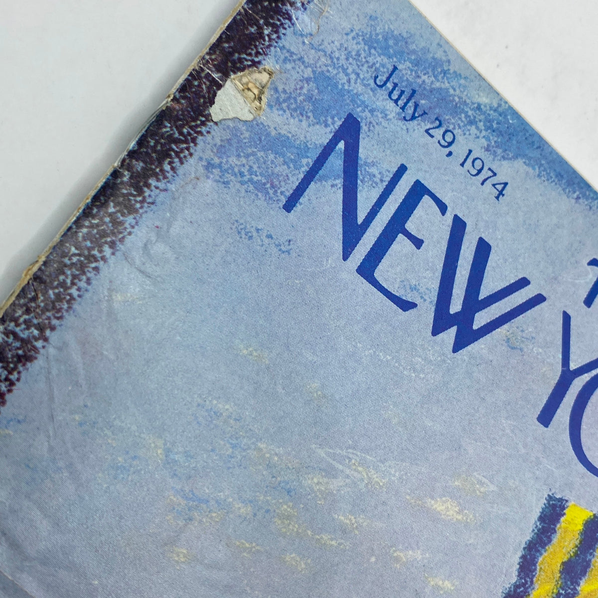 Close-up detail of the cover of The New Yorker Complete Magazine, July 29, 1974, highlighting the top left corner with the date and magazine title in blue font.