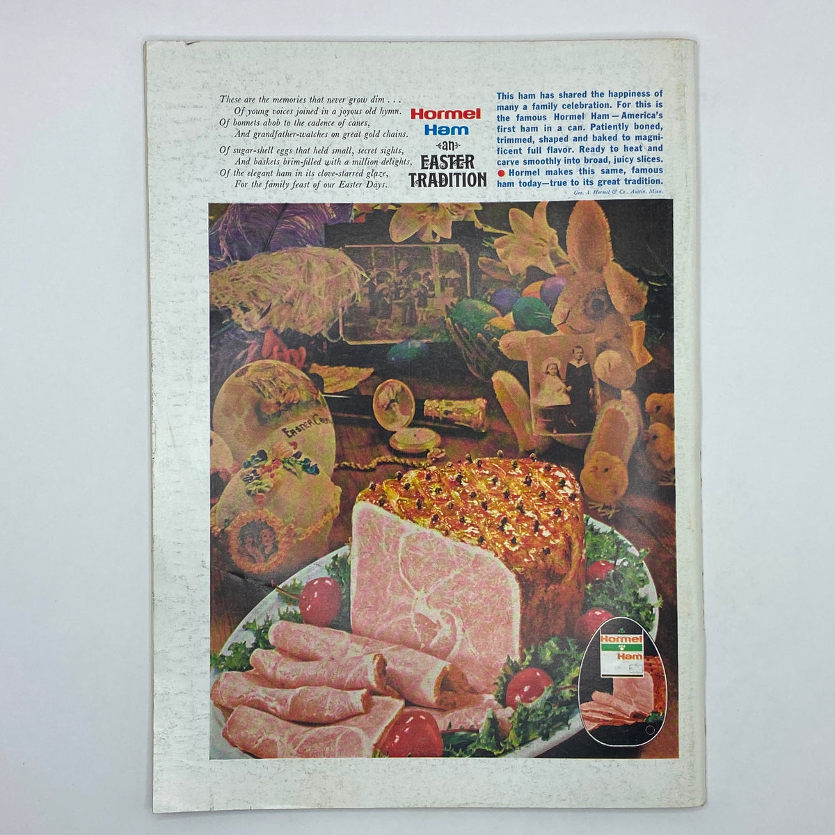 The New Yorker Complete Magazine April 8, 1974 featuring a Raymon Davidson cover. The back cover showcases a vibrant advertisement for Hormel Ham, emphasizing its role in Easter celebrations, with a festive display of food and decorative Easter eggs.