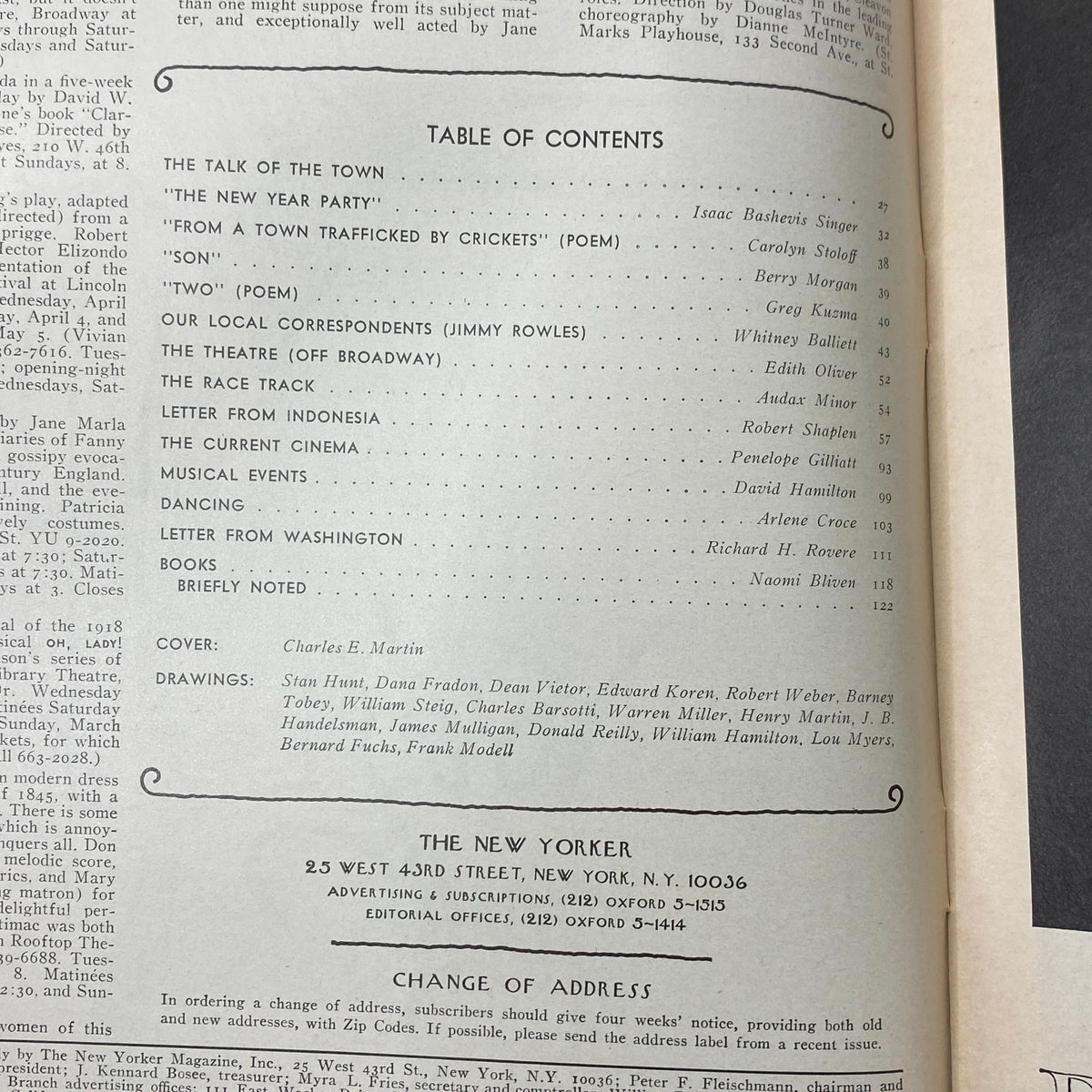 Table of contents from The New Yorker Complete Magazine April 1, 1974 featuring articles such as 'The New Year Party' by Isaac Bashevis Singer and 'From a Town Trafficked by Crickets' by Carolyn Stoloff.