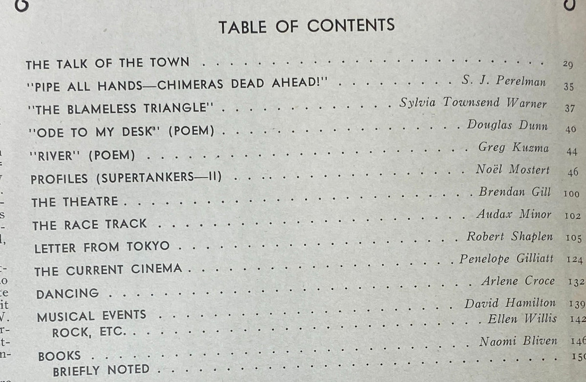 Table of contents from The New Yorker magazine May 20, 1974, featuring notable articles and poems, including S. J. Perelman's 'Pipe All Hands—Chimeras Dead Ahead!' and Douglas Dunn's 'Ode to My Desk'.