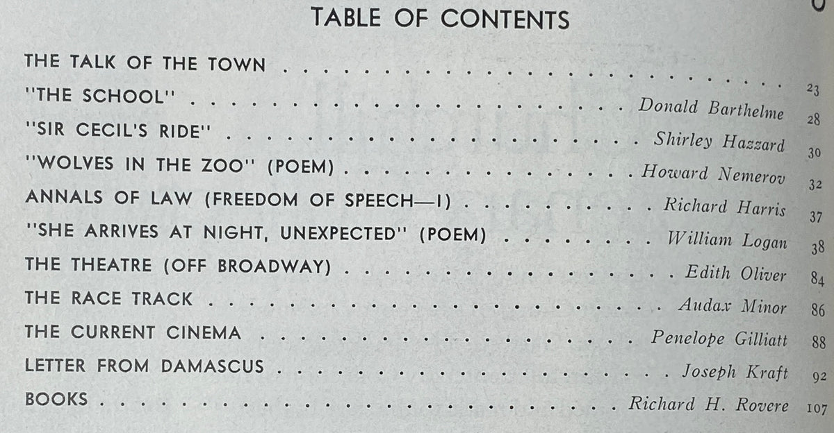 Table of contents from The New Yorker Complete Magazine June 17, 1974 featuring articles by Donald Barthelme, Shirley Hazzard, Howard Nemerov, and others. This issue showcases a rich literary collection and highlights the cultural insights of its time.