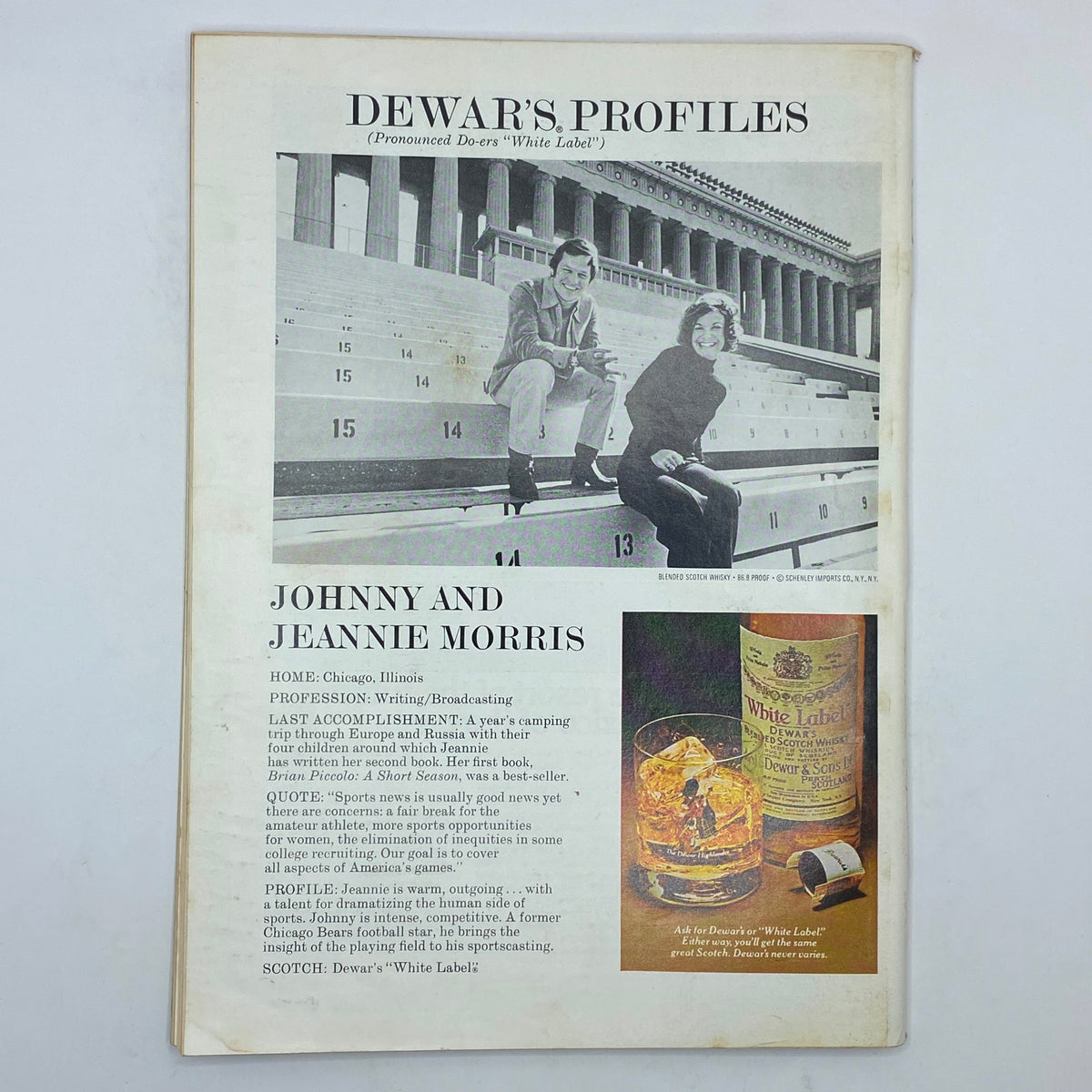 Back cover of The New Yorker Complete Magazine September 13, 1976, featuring a profile on Johnny and Jeannie Morris with an advertisement for Dewar's Scotch.