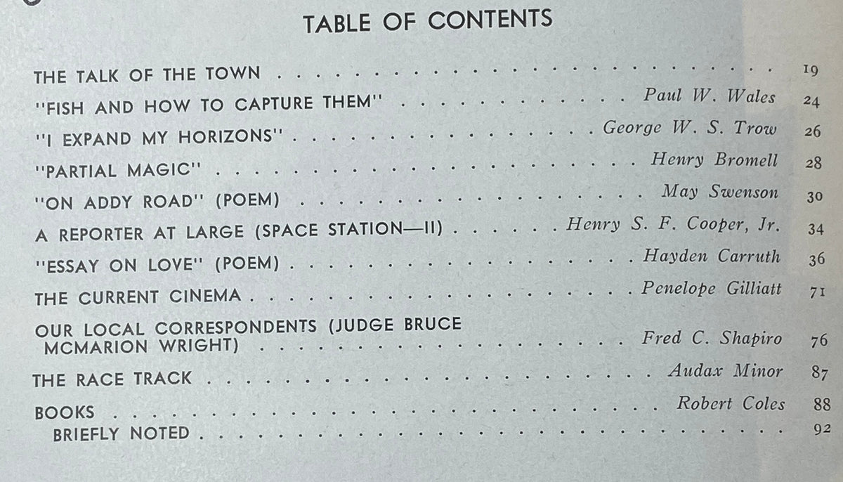 Table of contents from The New Yorker magazine September 6, 1976, listing articles such as 'Fish and How to Capture Them' by Paul W. Wales and 'Essay on Love' by Hayden Carruth.
