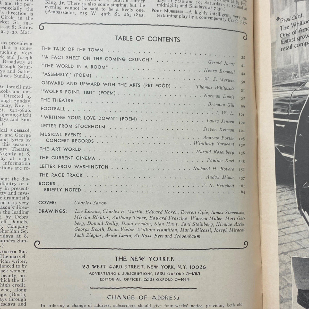 Table of contents from The New Yorker Complete Magazine dated November 1, 1976, showcasing articles and features by various writers including Gerald Jonas and Pauline Kael.