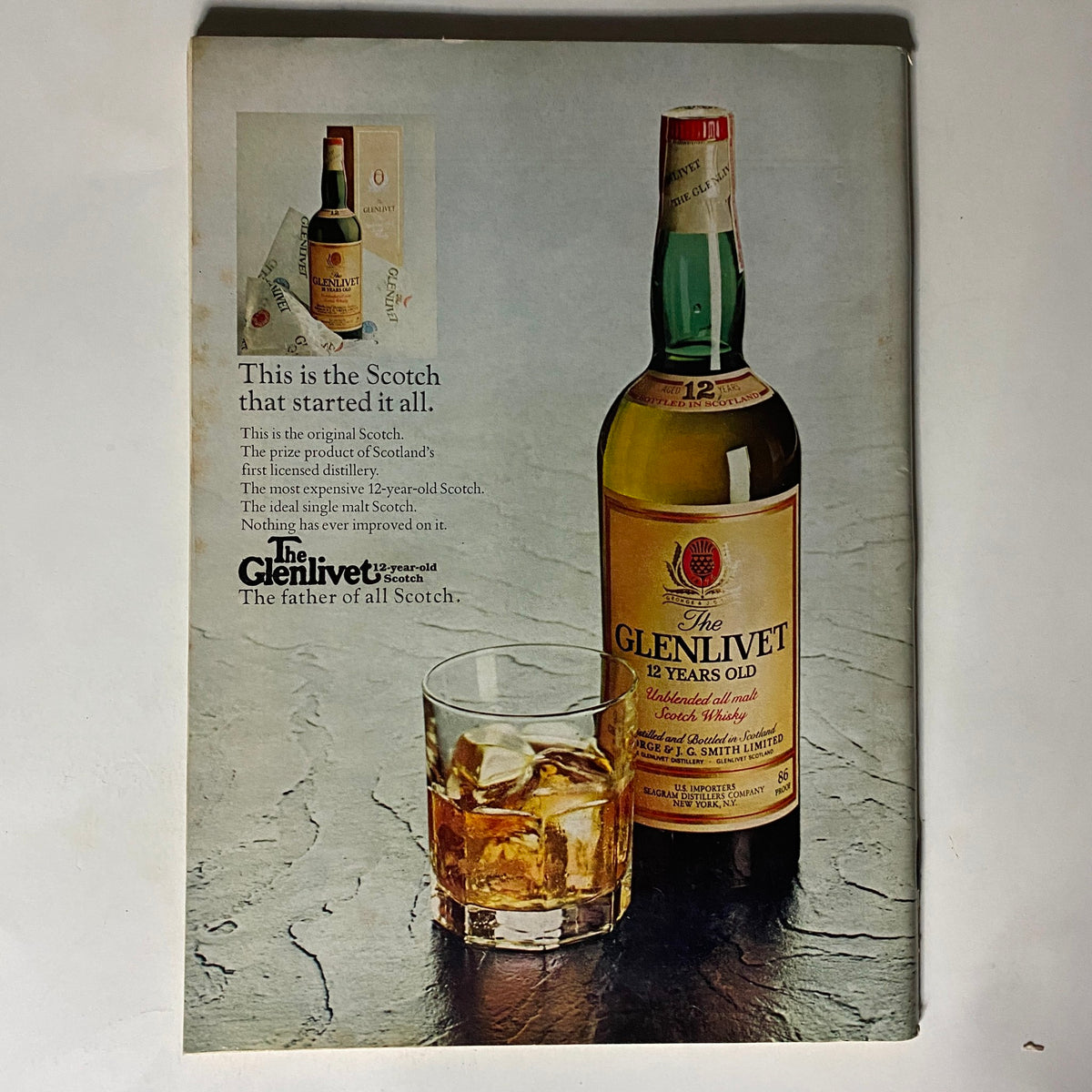 Advertisement for The Glenlivet 12 Year Old Scotch from The New Yorker Complete Magazine November 1, 1976, highlighting its status as the original Scotch.