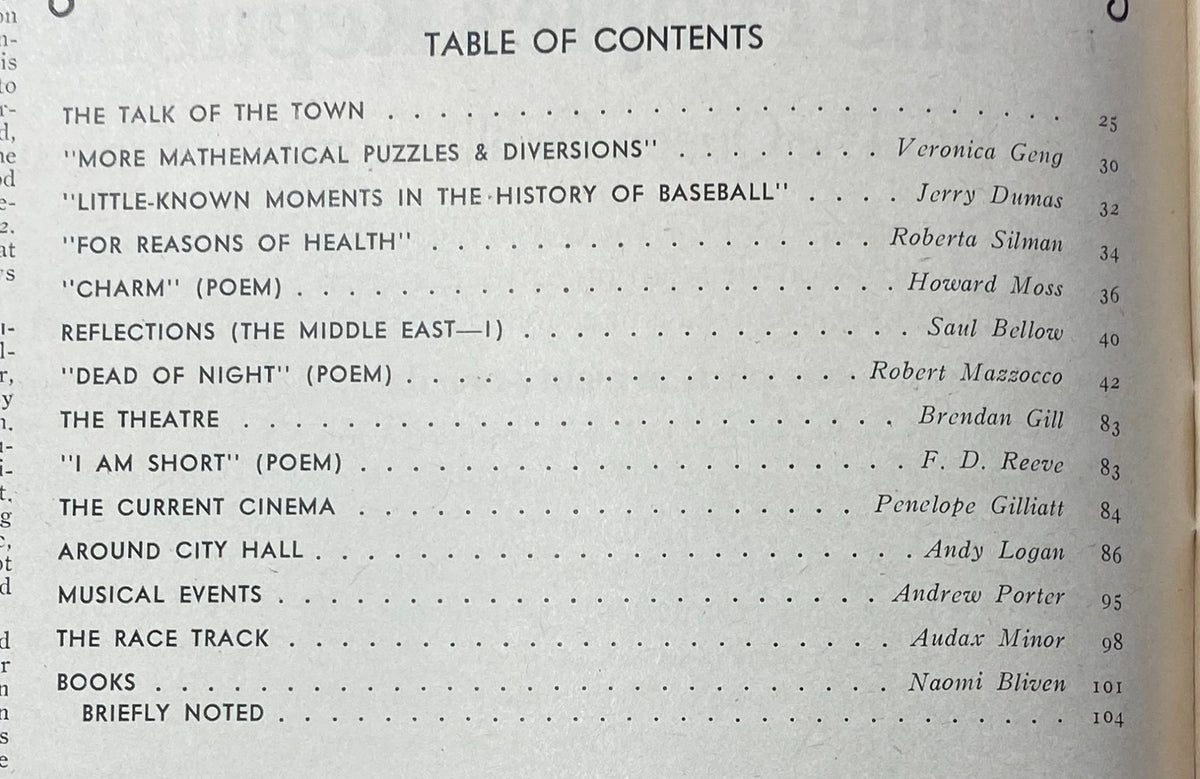 Table of Contents from The New Yorker Complete Magazine July 12, 1976 featuring articles on mathematics, baseball history, and contributions from various authors.