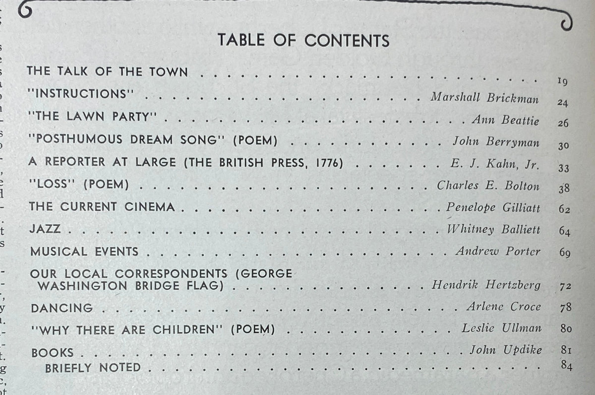 The New Yorker Complete Magazine July 5, 1976 Table of Contents detailing featured articles and poetry, including works by Marshall Brickman and John Berryman.