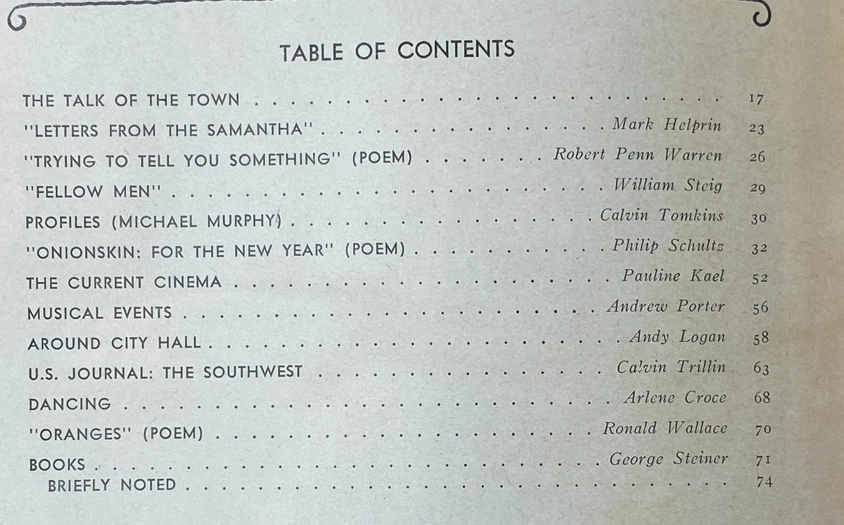 Table of contents from The New Yorker Complete Magazine January 5, 1976 listing featured articles and poems including works by Mark Helprin, Robert Penn Warren, and more, highlighting the richness of its editorial content.