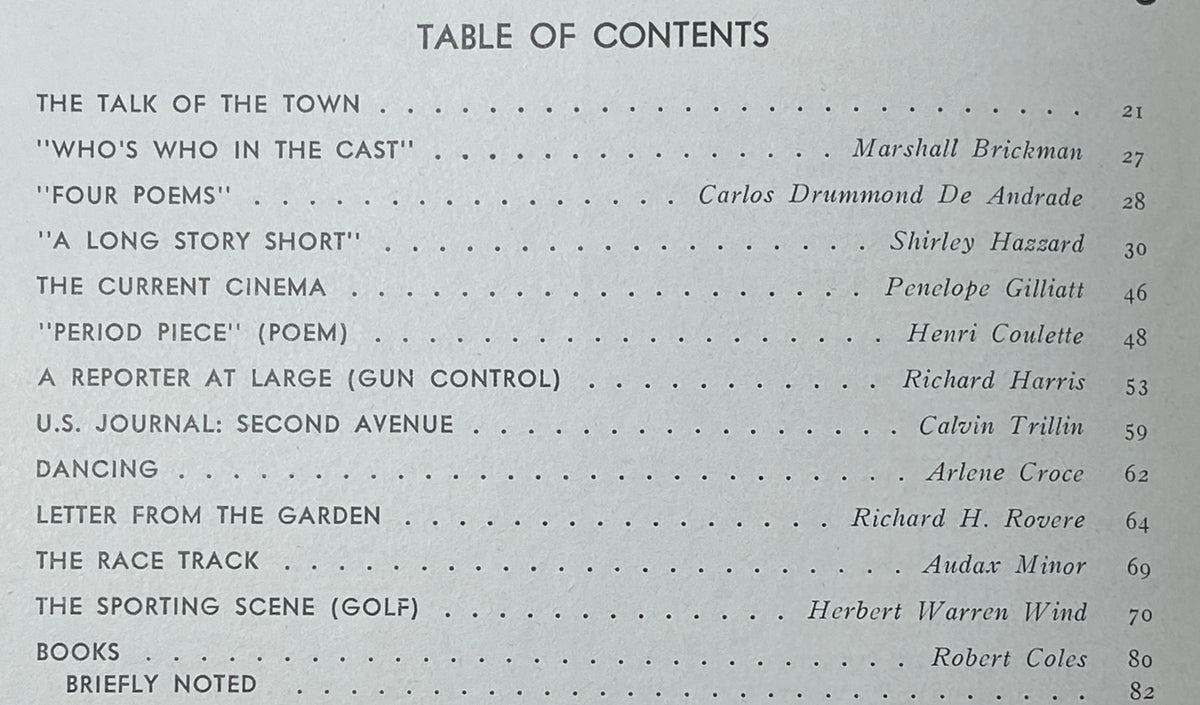 Table of Contents page from The New Yorker Complete Magazine July 26, 1976, listing articles and authors such as Marshall Brickman and Shirley Hazzard.