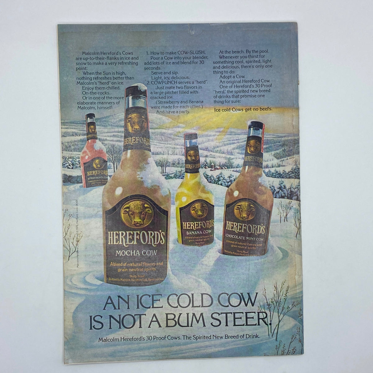 Advertisement for Hereford's spirits from The New Yorker Complete Magazine July 26, 1976, featuring bottles of Mocha Cow, Banana Cow, and Chocolate Mint Cow.