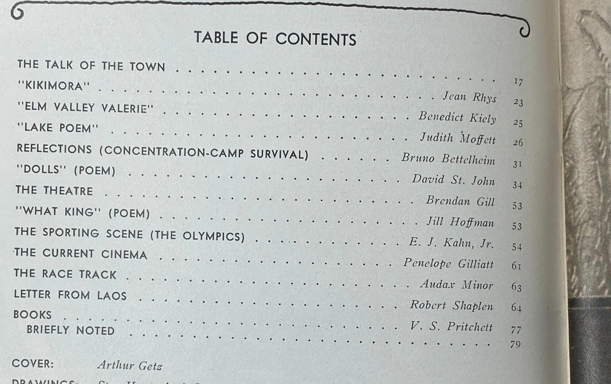 Table of contents from The New Yorker Complete Magazine August 2, 1976 listing notable contributions from Jean Rhys, Judith Moffett, and Bruno Bettelheim.