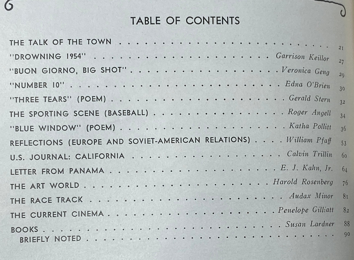 Table of contents from The New Yorker magazine August 16, 1976, listing articles and poems, including 'Drowning 1954' by Garrison Keillor and 'Number 10' by Edna O'Brien.