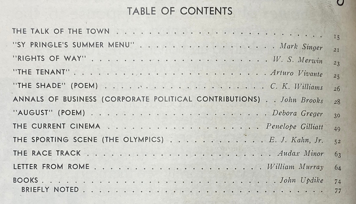 Table of Contents from The New Yorker Complete Magazine August 9, 1976, featuring articles like 'Sy Pringle's Summer Menu' by Mark Singer and 'Rights of Way' by W. S. Merwin.