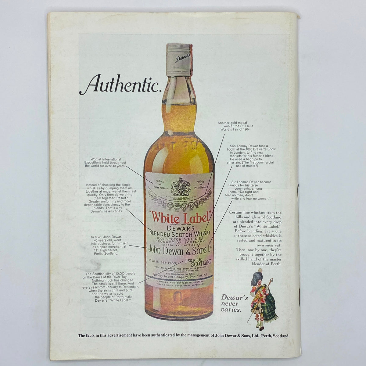Back cover advertisement of The New Yorker magazine from October 25, 1976 for Dewar's blended Scotch whisky, highlighting its authenticity and quality.