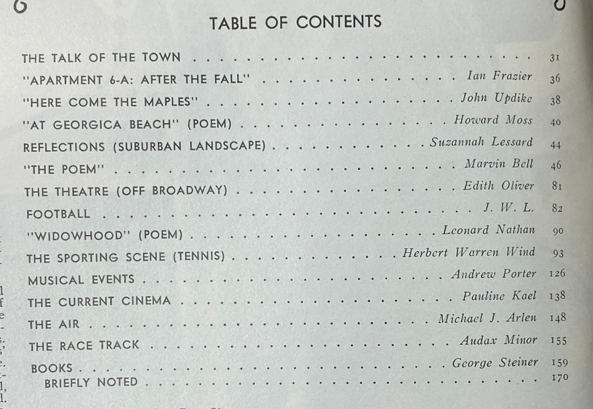 Table of Contents from The New Yorker complete magazine October 11, 1976 featuring articles by Ian Frazier and John Updike.