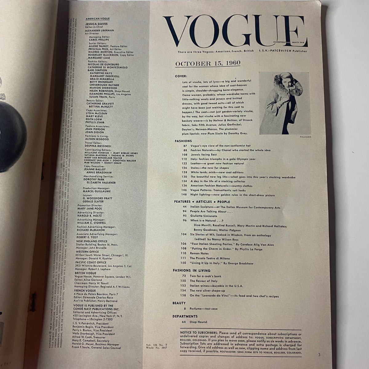 Interior page of the October 15, 1960 Vogue Magazine displaying the table of contents, listing various fashion and feature articles, a significant representation of mid-century style.