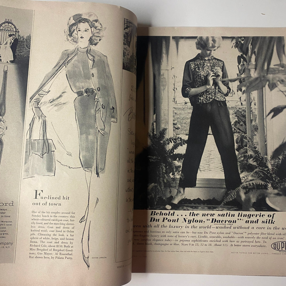 Illustrative ad from the October 15, 1960 Vogue Magazine featuring a fashionable illustration of a model showcasing satin lingerie, capturing the essence of 1960s haute couture and vintage styling.