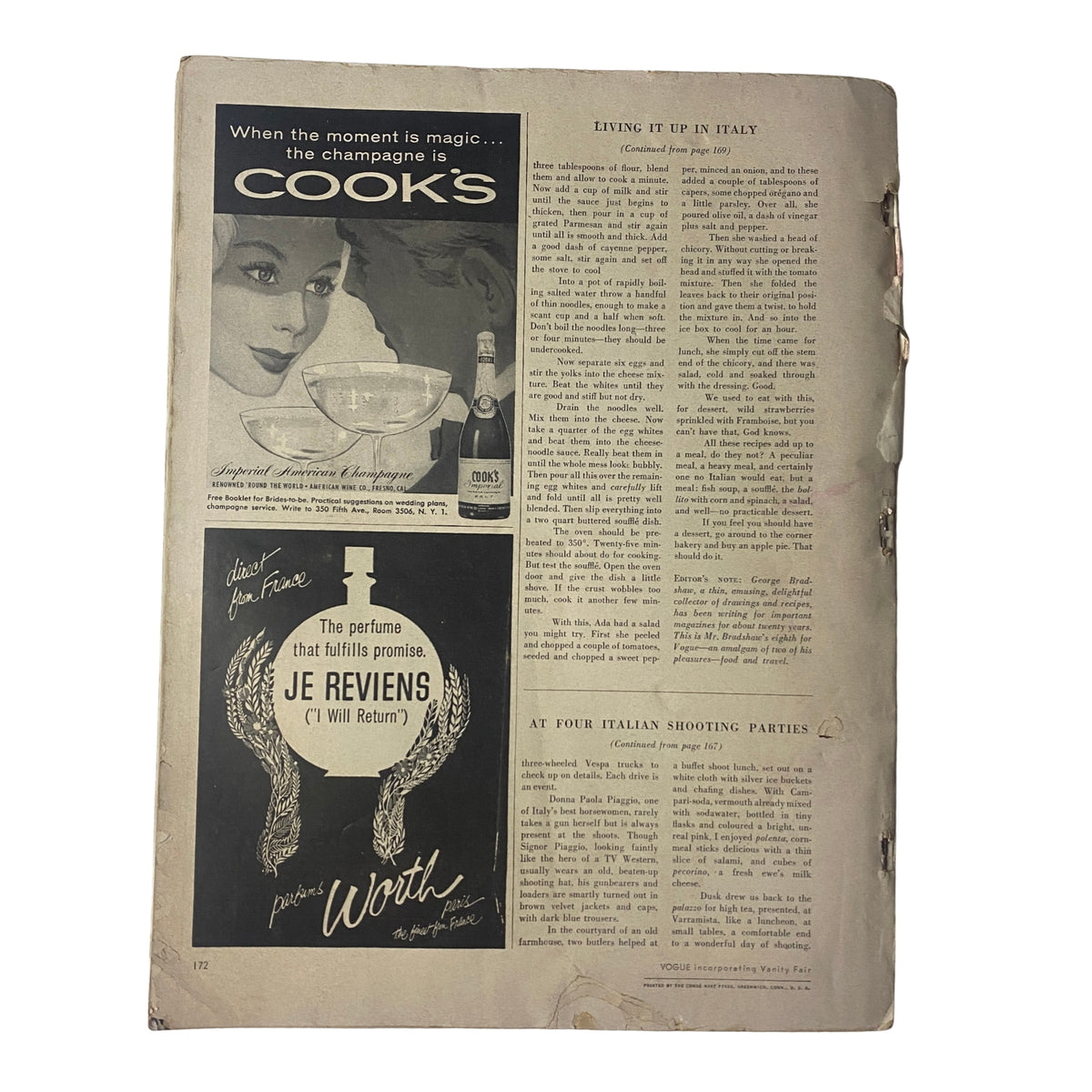 Back cover of Vogue Magazine October 15, 1960 featuring an advertisement for Cook's champagne alongside a description of the magazine's features including the article 'Living It Up in Italy.'
