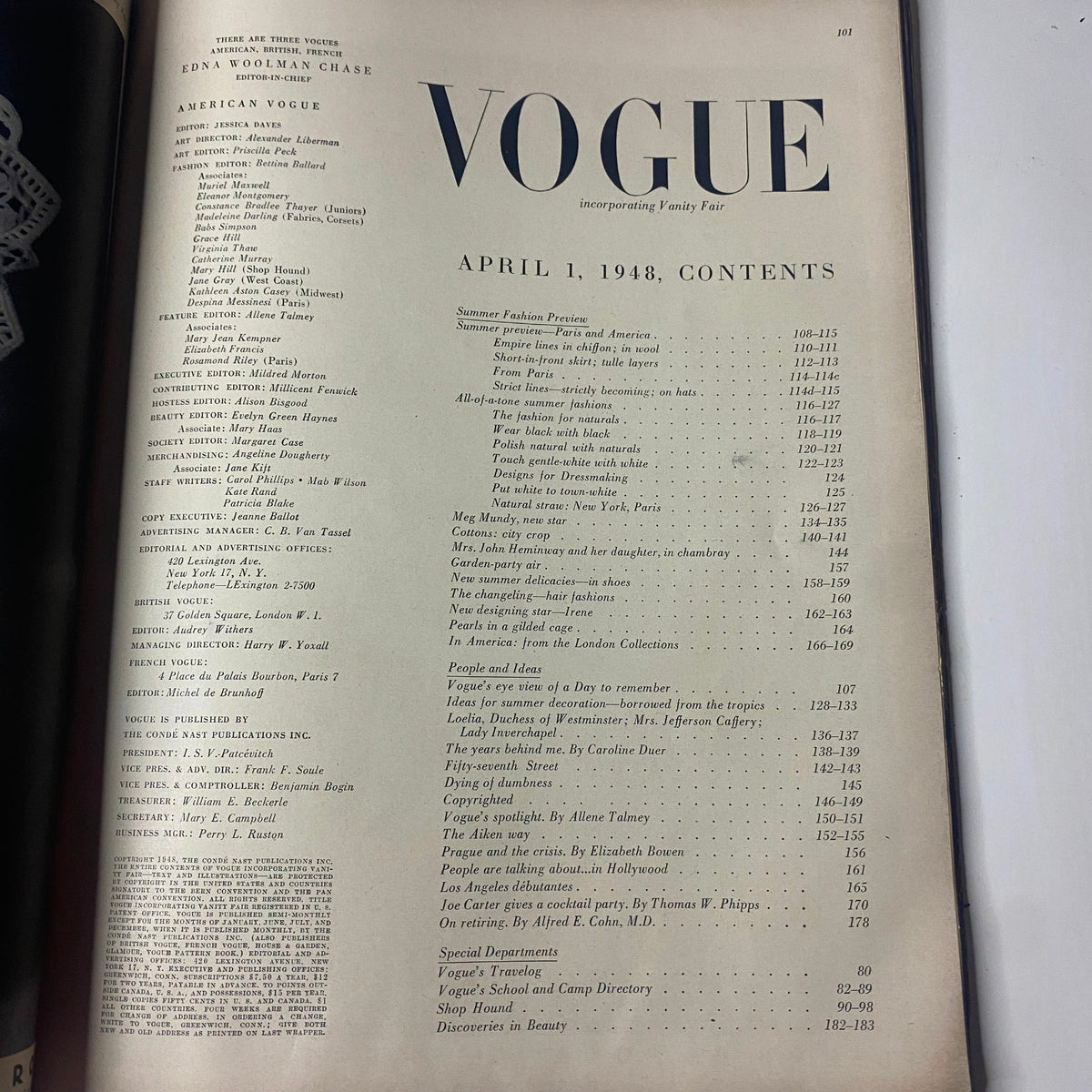 Table of contents page from Vogue Magazine April 1, 1948 Cover Photo by Horst P. Horst GD Interior, highlighting featured articles and fashion previews.