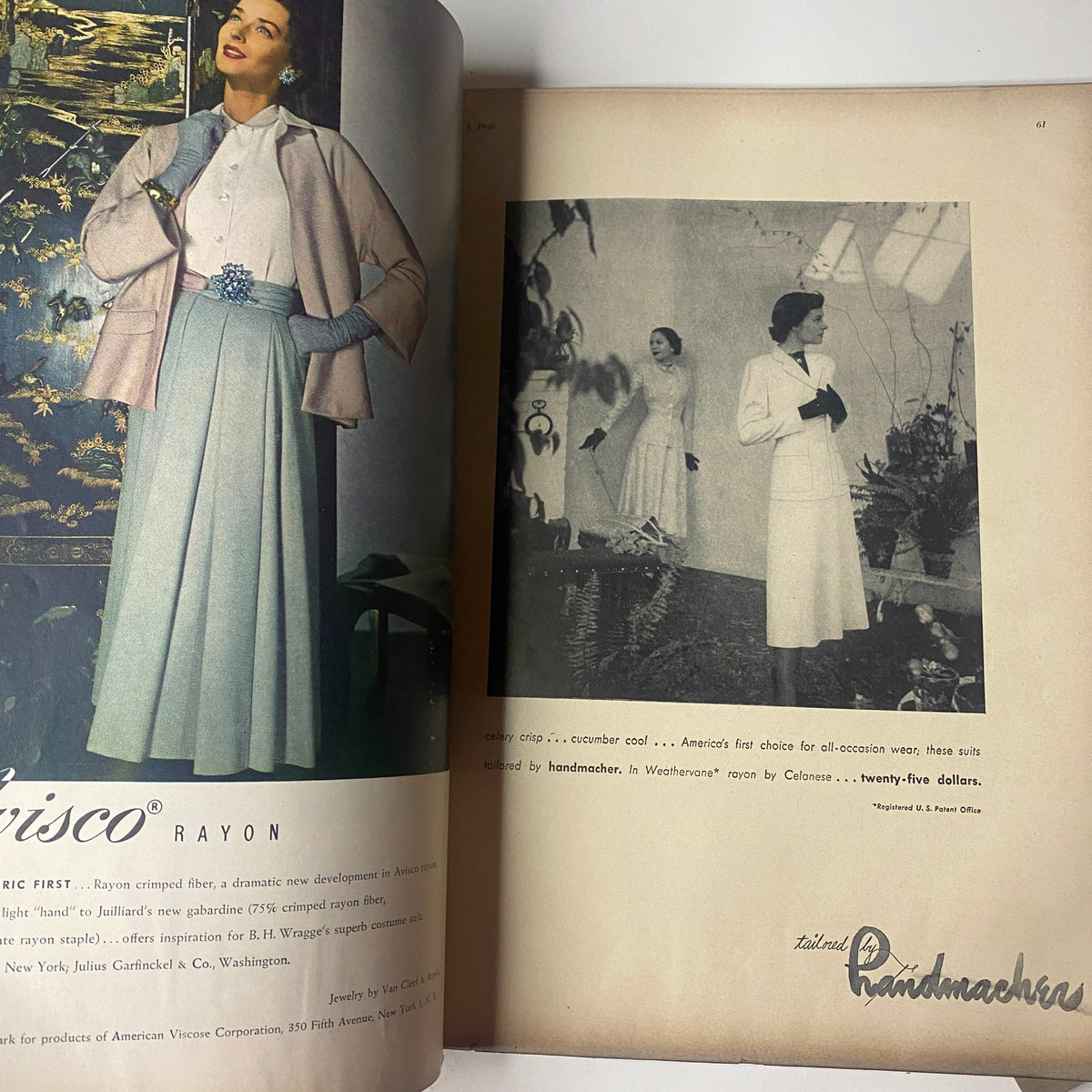 Fashion advertisement showcasing garments from Vogue Magazine April 1, 1948 Cover Photo by Horst P. Horst GD Interior, featuring elegant styles and pricing.