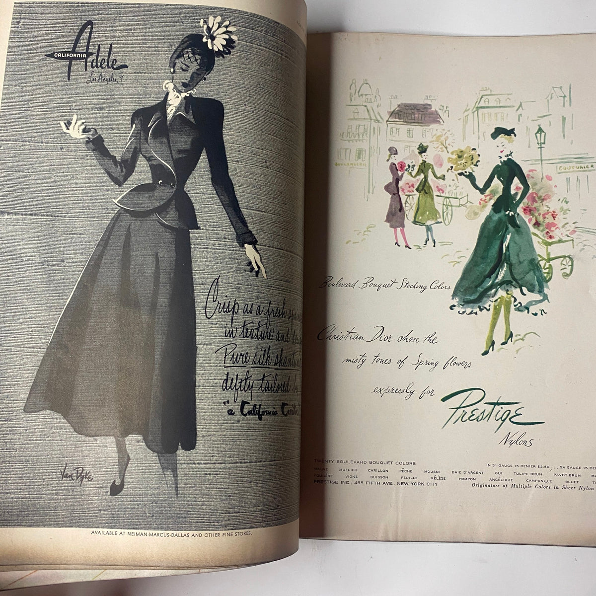 Illustration and advertisement for a dress featured in Vogue Magazine April 1, 1948 Cover Photo by Horst P. Horst GD Interior, showcasing classic 1940s fashion.