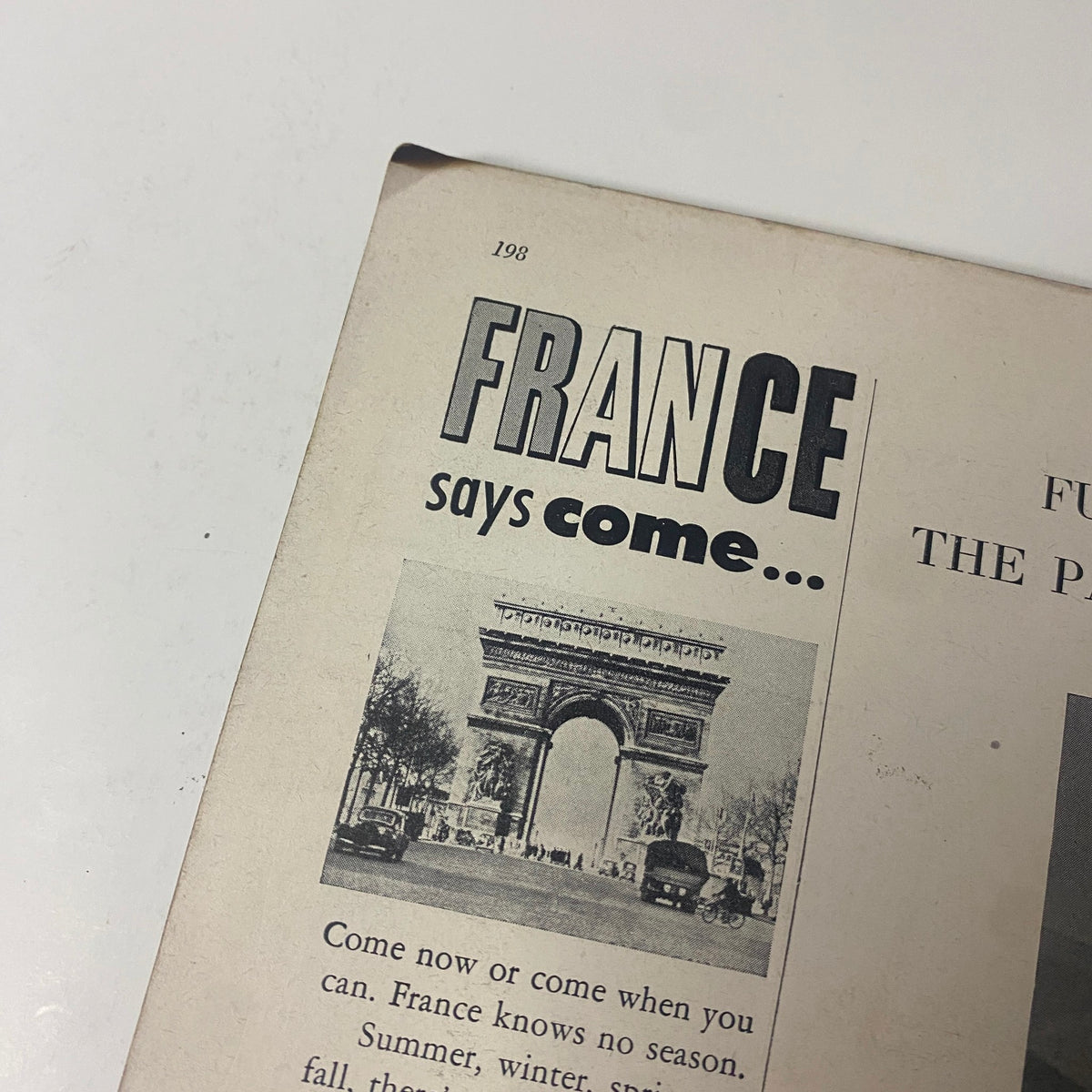 Vogue Magazine April 1, 1948 Cover Photo by Horst P. Horst GD Interior featuring an advertisement saying 'France says come...' showcasing the Arc de Triomphe.
