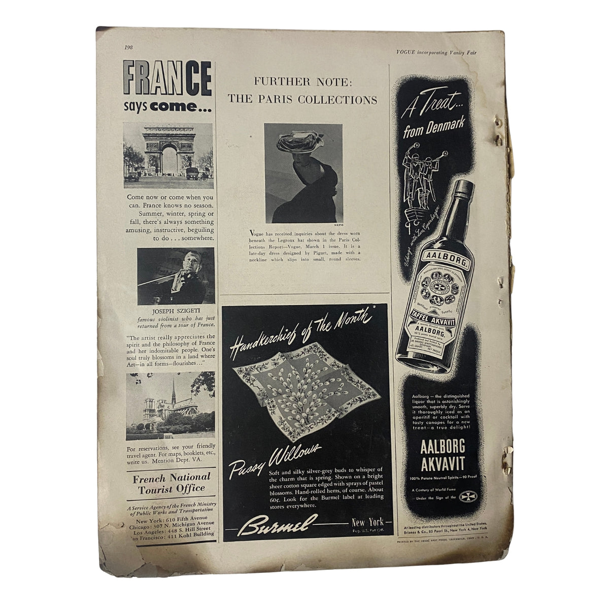 Vogue Magazine April 1, 1948 Cover Photo by Horst P. Horst GD Interior displaying further notes on 'The Paris Collections' with a collage of vintage ads and a summary of traveling to France.